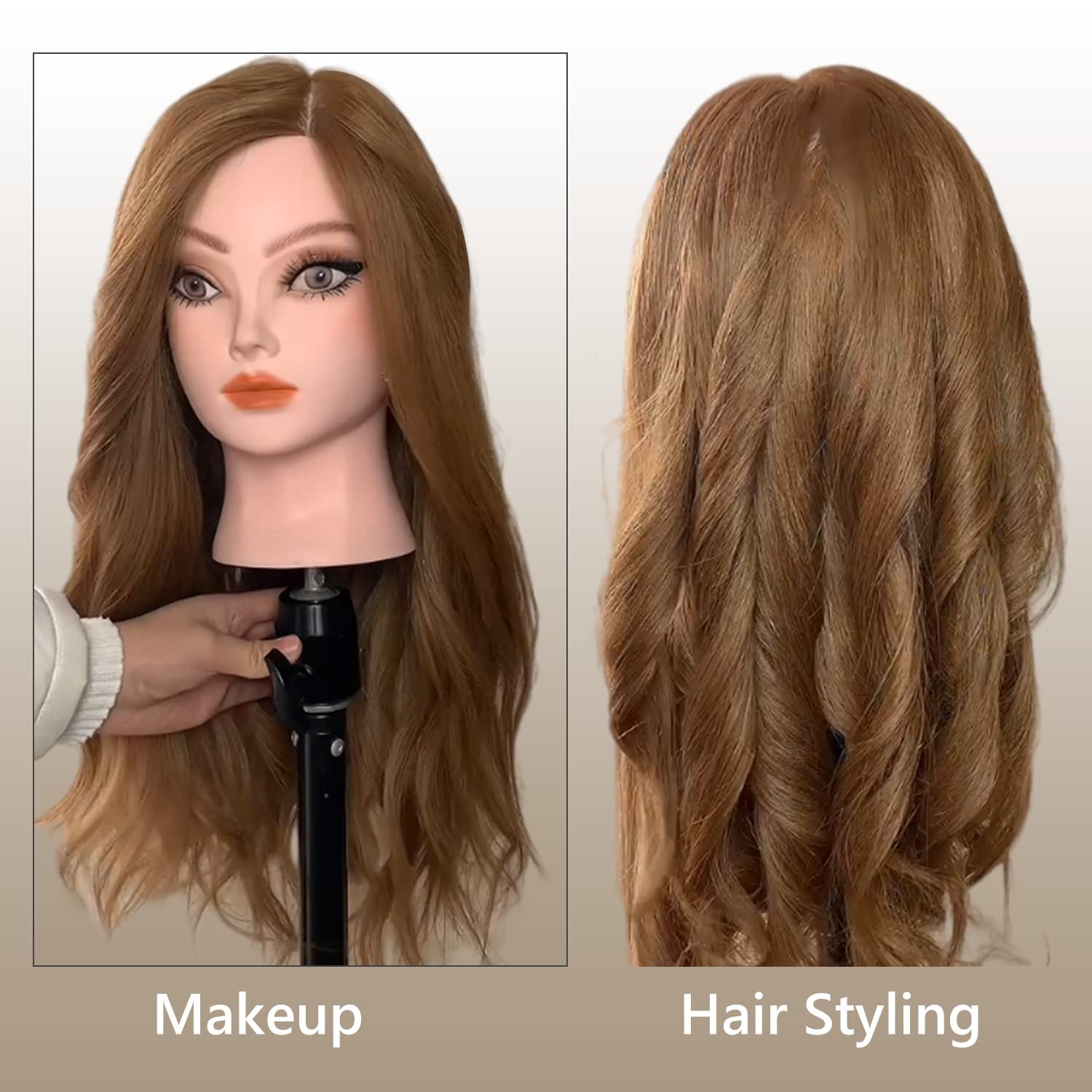 22" Hair and Makeup Training Mannequin Head with 70% Real Hair, Cosmetology Manikin Doll Head for Girls Practice Face Make Up, Hair Styling-Light Brown - Image 3