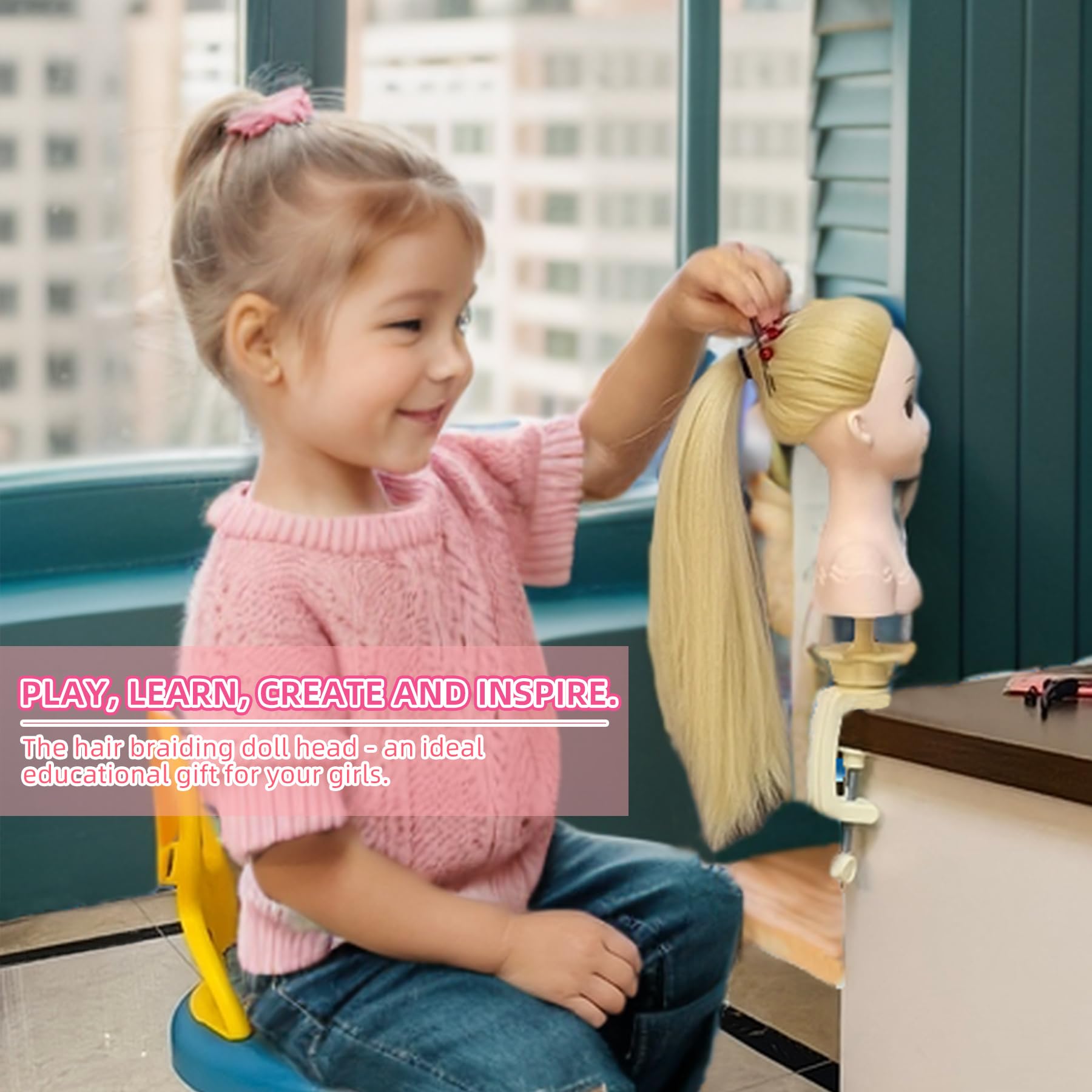 PERFEHAIR Doll Head for Hair Styling, Ideal for Kids & Girls - Portable Small Mannequin with Soft Hair, Easy Style Blonde Hair, Includes Accessories & Clamp Holder for Hairstyling & Braiding Practice - Image 5