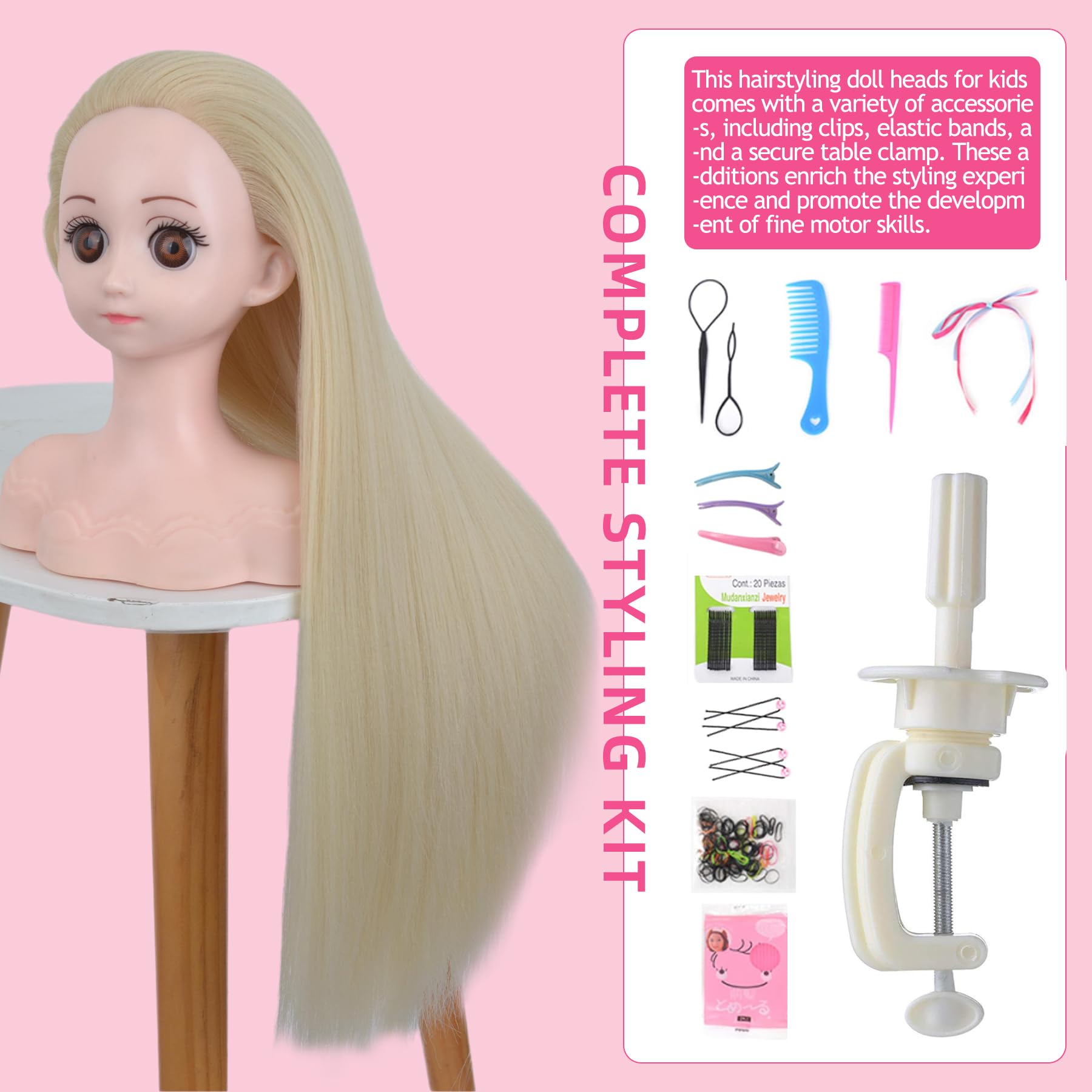 PERFEHAIR Doll Head for Hair Styling, Ideal for Kids & Girls - Portable Small Mannequin with Soft Hair, Easy Style Blonde Hair, Includes Accessories & Clamp Holder for Hairstyling & Braiding Practice - Image 6