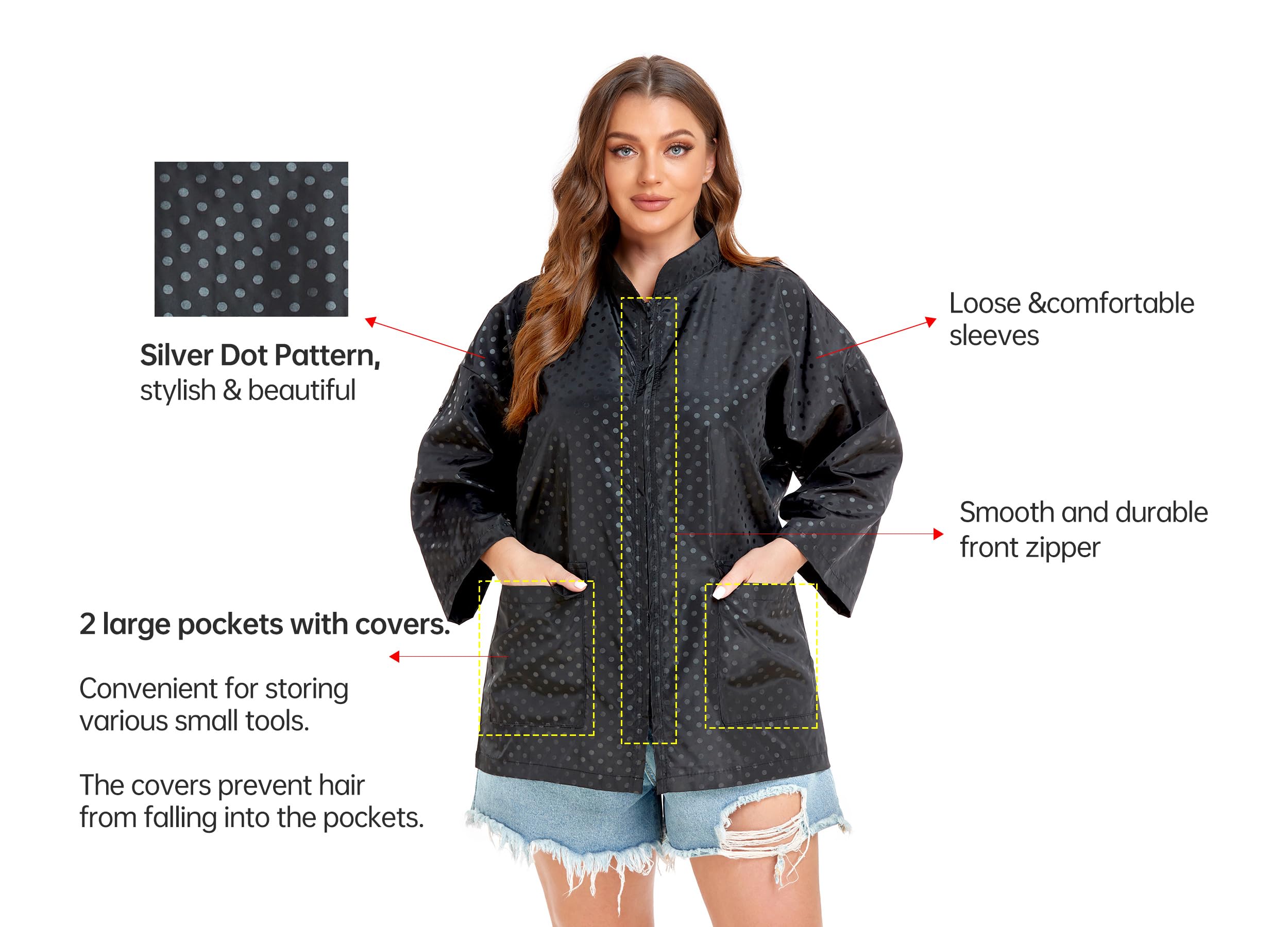 PERFEHAIR Grooming & Hair Stylist Smock with Zipper & 2 Pockets - Anti-Static Salon Hairdresser Uniforms for Women, Black & Silver Dot Pattern - Image 3