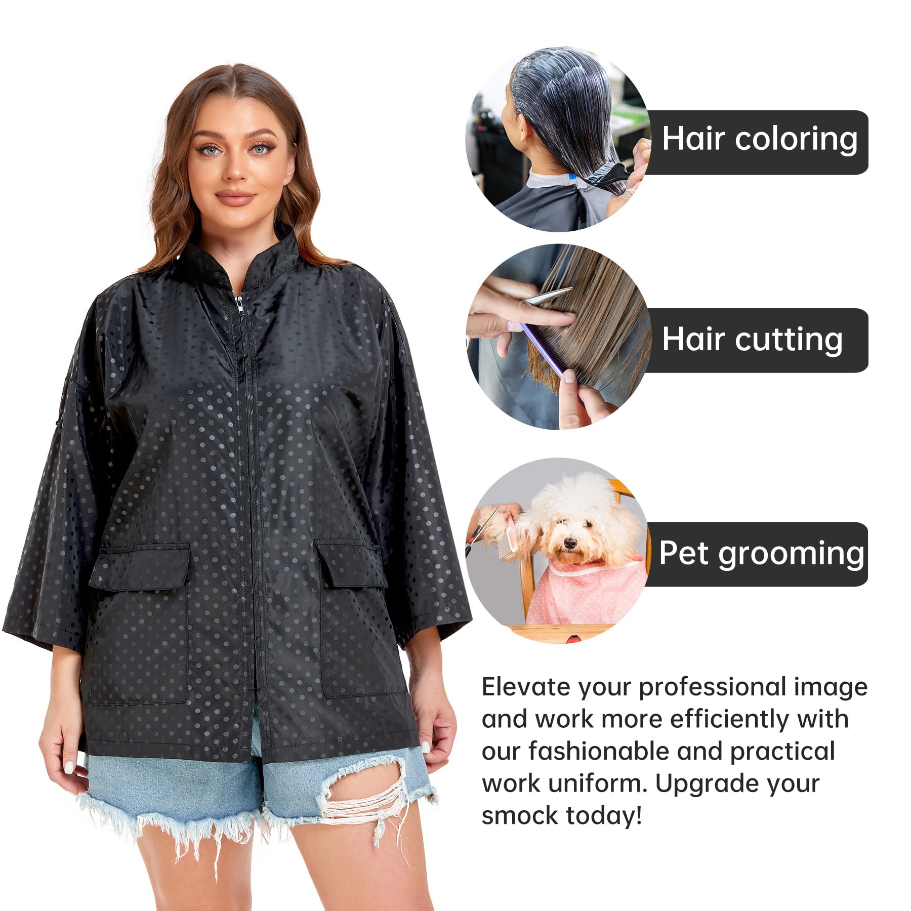 PERFEHAIR Grooming & Hair Stylist Smock with Zipper & 2 Pockets - Anti-Static Salon Hairdresser Uniforms for Women, Black & Silver Dot Pattern - Image 5