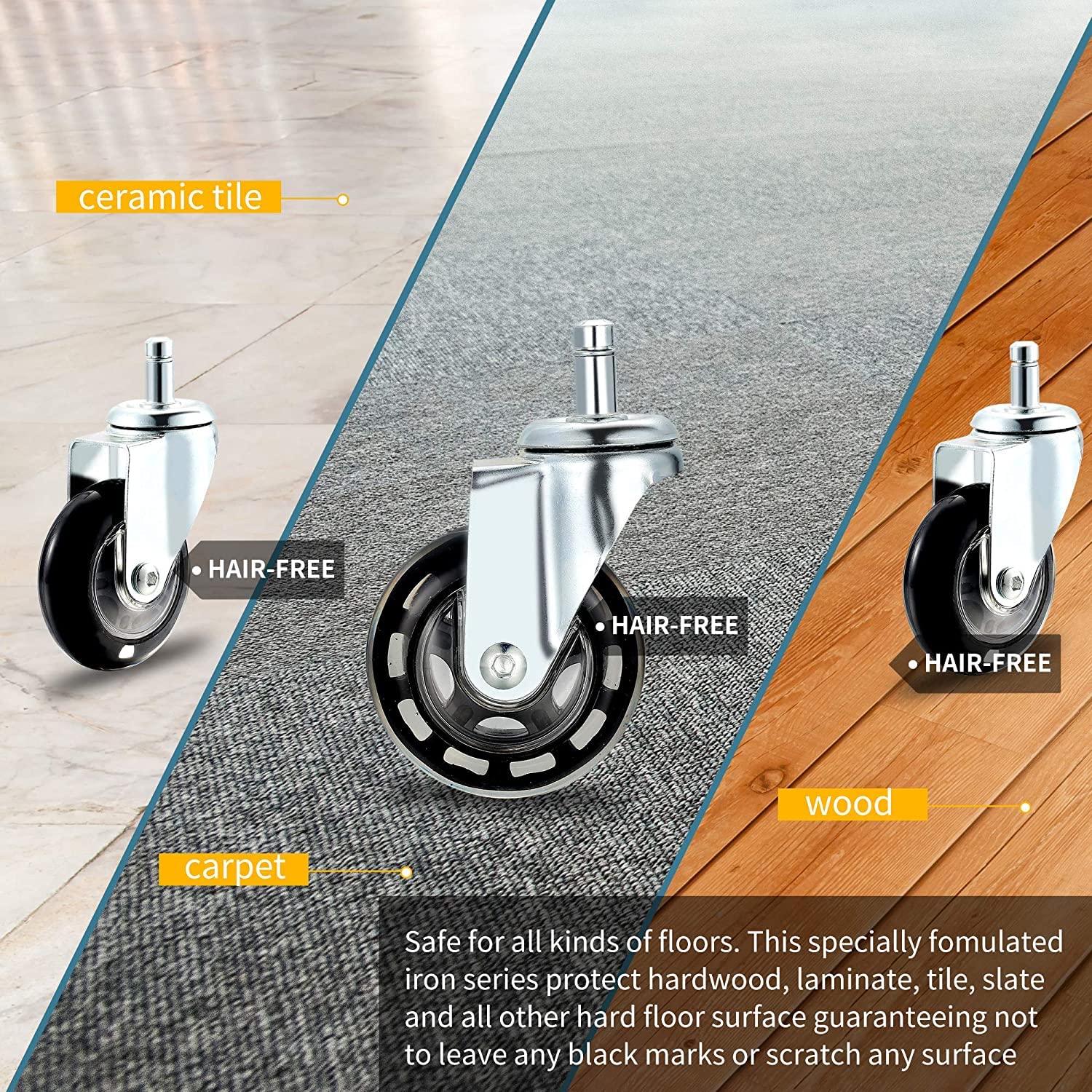 PERFEHAIR Hair Free Caster Wheels, Set of 5, Proof Rolling Wheel Casters for Salon & Spa Stools, Hairstylist Trolley Cart, Color Tray, Rolling Stool, Office Chair - Image 7