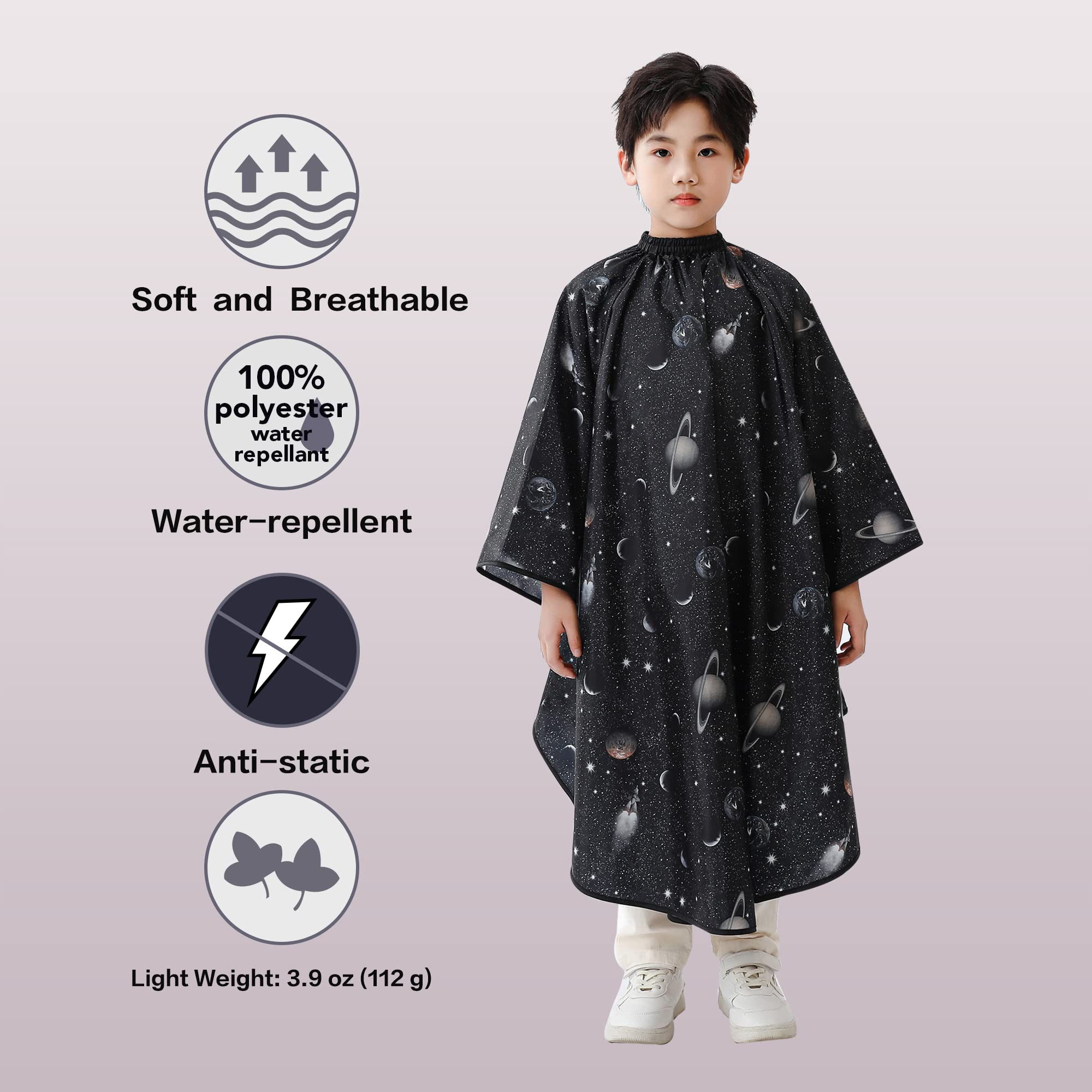 PERFEHAIR Kids Hair Cutting Cape with Sleeves, Kids Barber Cape Haircut Cape for Boy & Girls, Professional Salon or Home Hair Cut Cape-Black Space Printing - Image 4