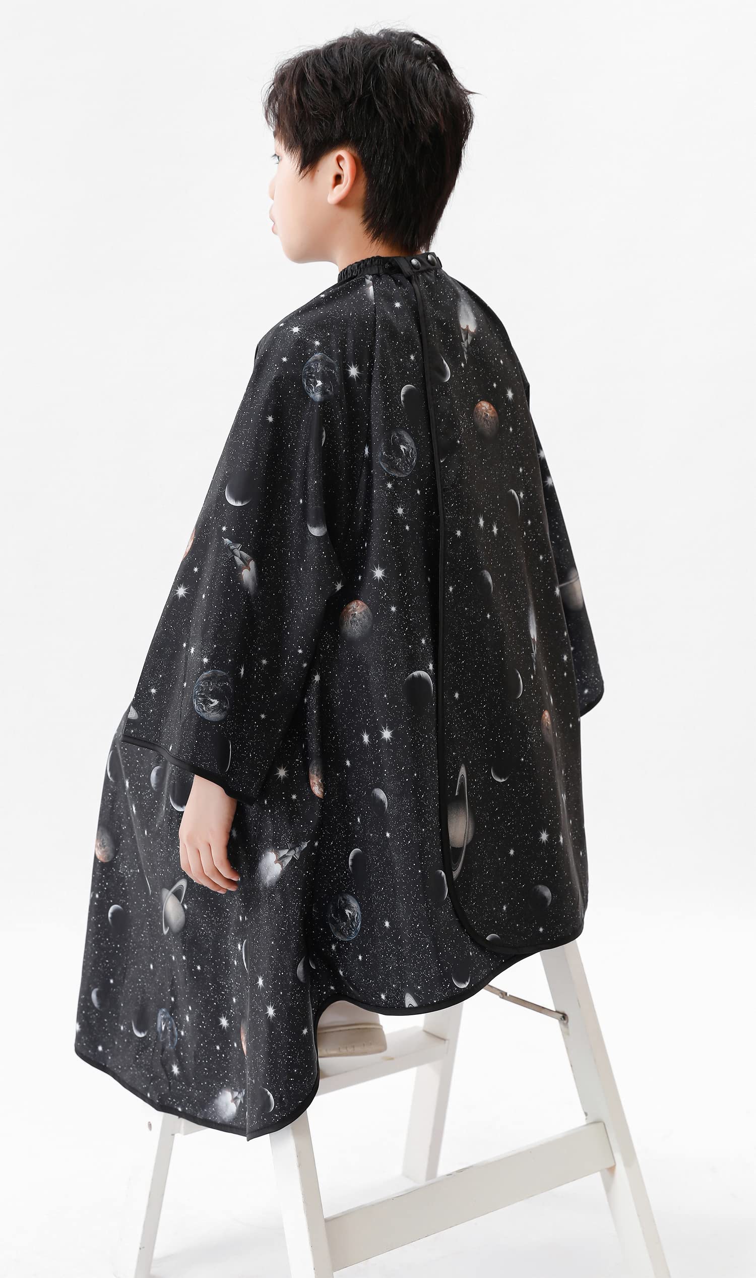PERFEHAIR Kids Hair Cutting Cape with Sleeves, Kids Barber Cape Haircut Cape for Boy & Girls, Professional Salon or Home Hair Cut Cape-Black Space Printing - Image 6