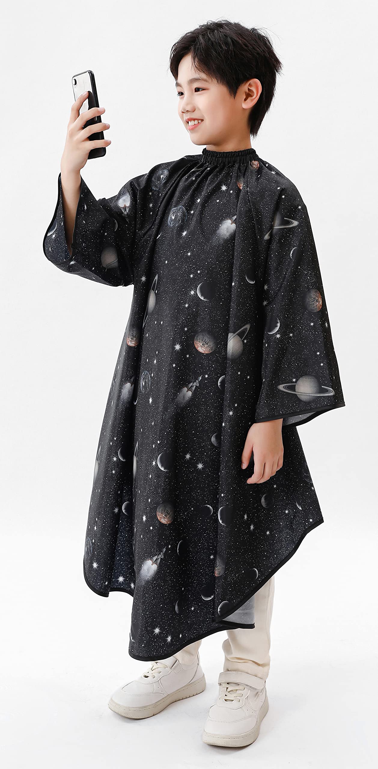 PERFEHAIR Kids Hair Cutting Cape with Sleeves, Kids Barber Cape Haircut Cape for Boy & Girls, Professional Salon or Home Hair Cut Cape-Black Space Printing - Image 7