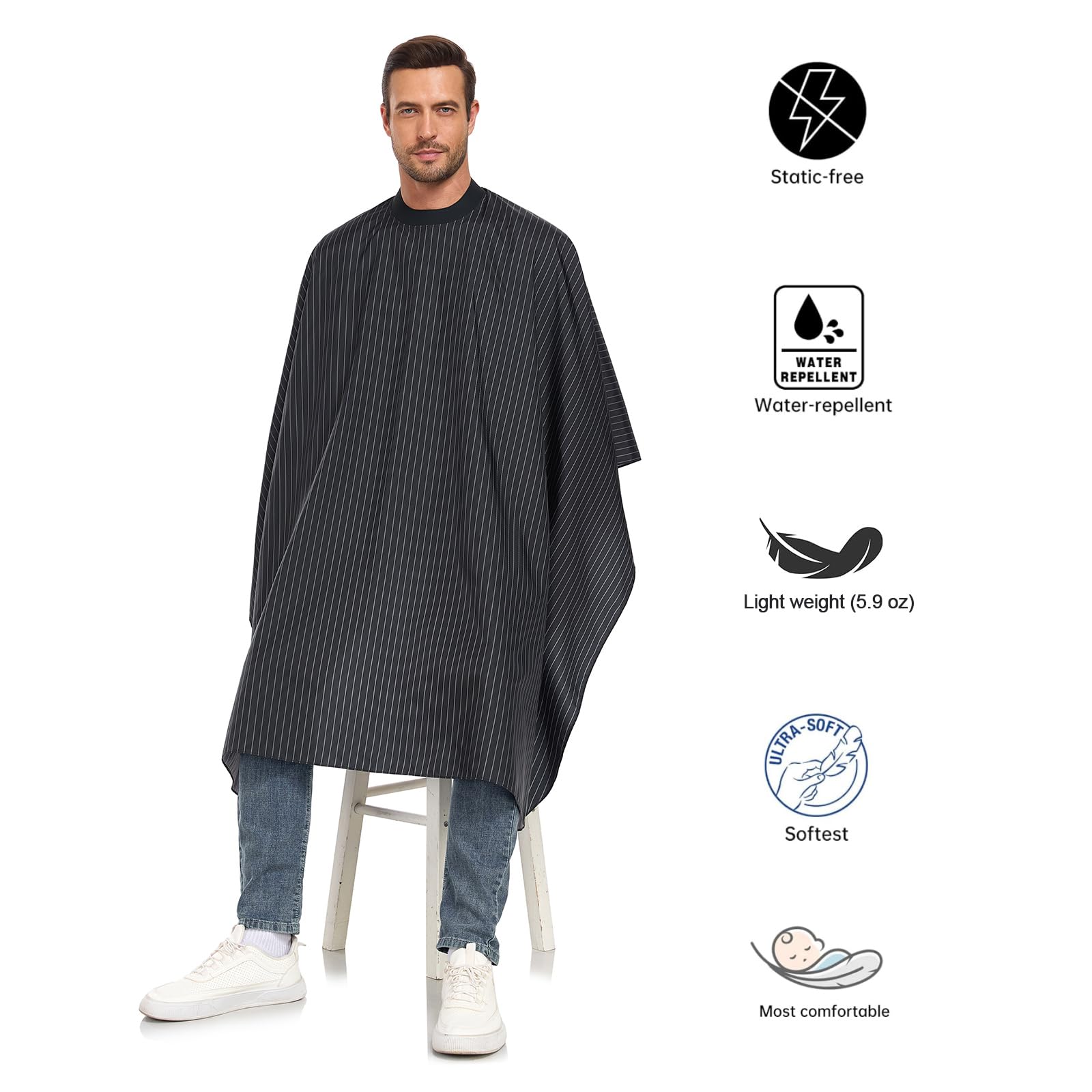 PERFEHAIR Pinstripe Barber Cape with Soft Silicon Neck Collar | Professional Hair Cutting Cape for Stylists & Adults | Hair & Water Repellent| Adjustable Snap Closure, 59" x 55", Black - Image 3