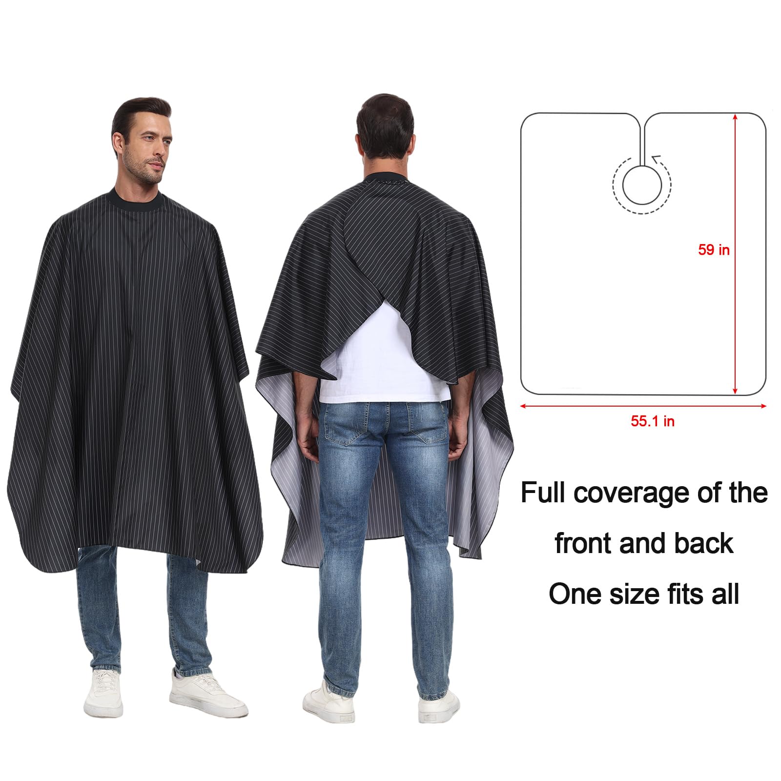 PERFEHAIR Pinstripe Barber Cape with Soft Silicon Neck Collar | Professional Hair Cutting Cape for Stylists & Adults | Hair & Water Repellent| Adjustable Snap Closure, 59" x 55", Black - Image 4