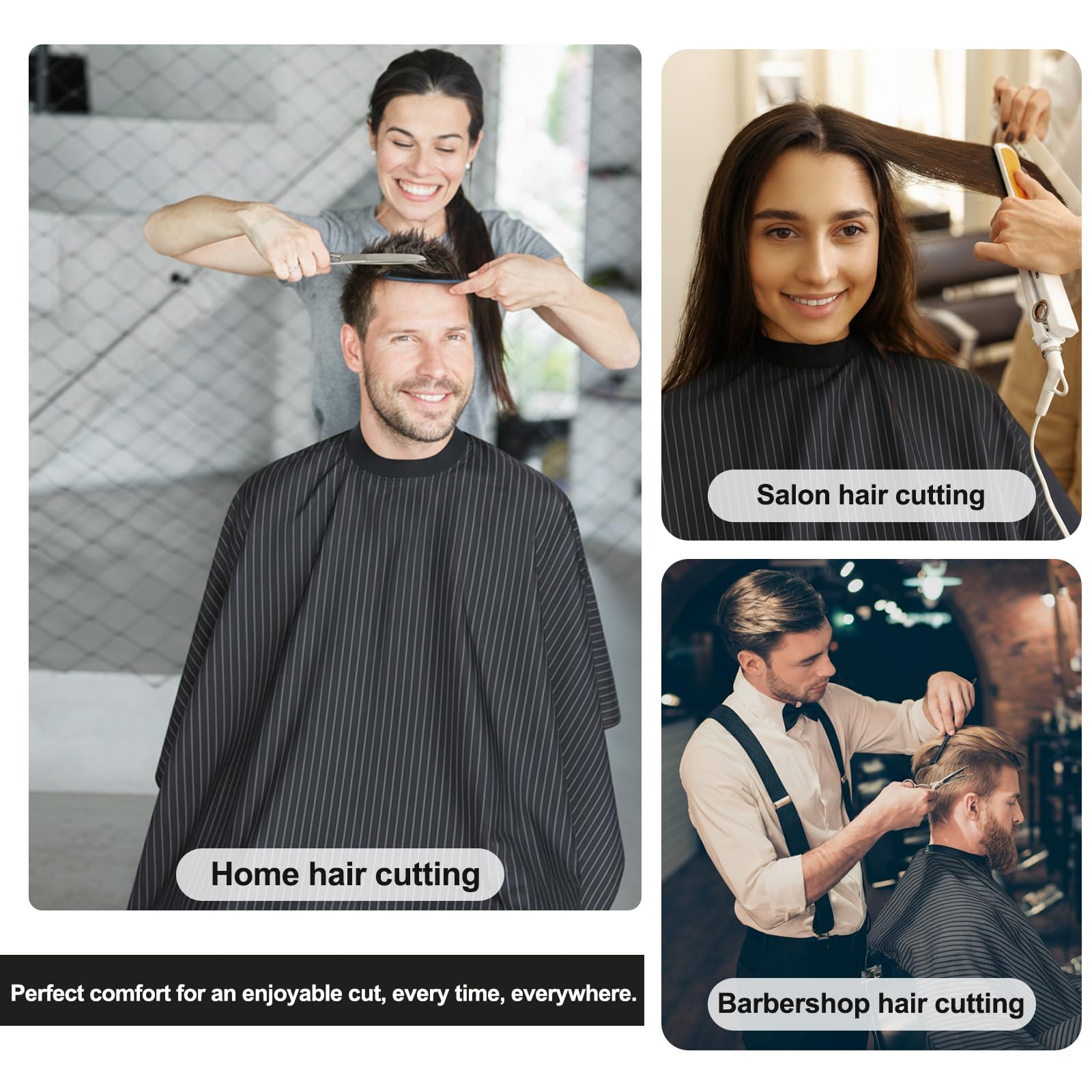 PERFEHAIR Pinstripe Barber Cape with Soft Silicon Neck Collar | Professional Hair Cutting Cape for Stylists & Adults | Hair & Water Repellent| Adjustable Snap Closure, 59" x 55", Black - Image 5
