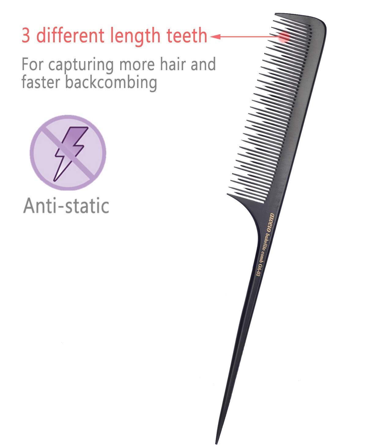 PERFEHAIR Teasing Comb for Fine Hair-Pack of 2, Anti-static Bakelite Tease Rat Tail Combs Tool for Back Combing, Parting, Root Teasing, Adding Volume - Image 3