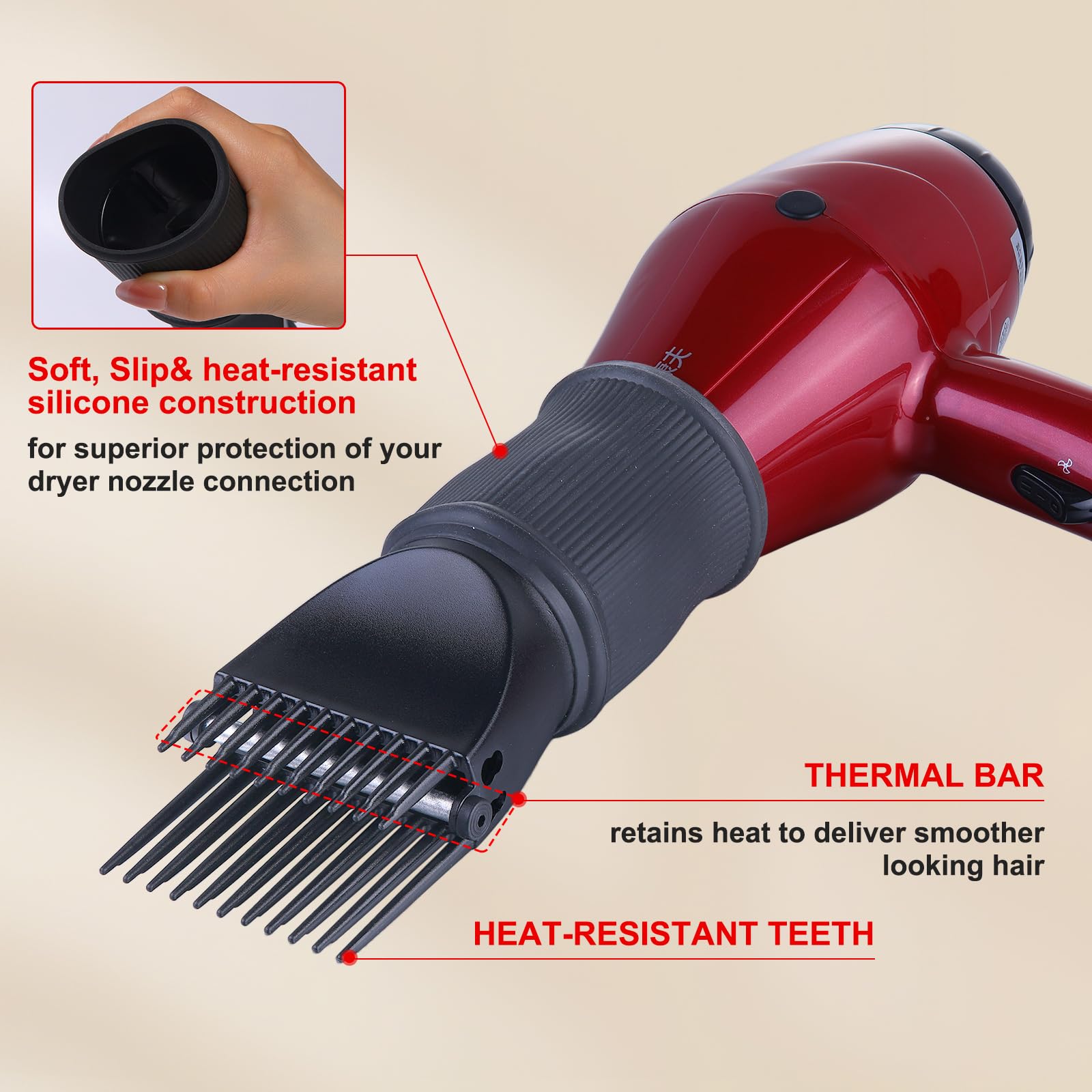 PERFEHAIR Universal Blow Dryer Comb Attachment for Coarse, Curly Hair - Unbreakable Teeth, Hot Resistant Grip, Fits 1.5"-2" Nozzles, Salon Fast Blowout & Straightening Tool, Black - Image 4
